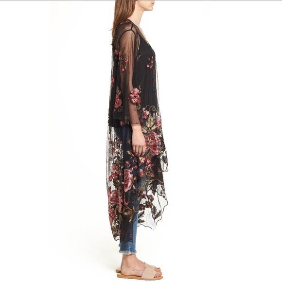 Band of Gypsies Sunset Sheer Embroidered Kimono In Black/ Rose - Picture 14 of 16